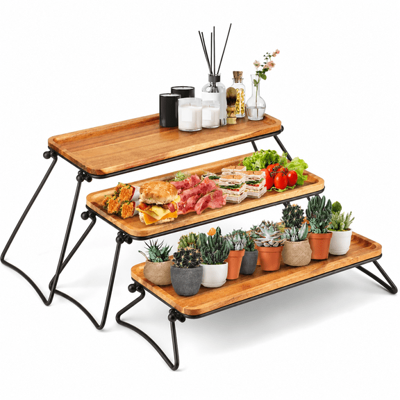 3 Tier Wooden Cupcake Stand, Rustic Acacia Wood Serving Tray & Charcuterie Boards, Large Dessert Table Display Set for Party Decor