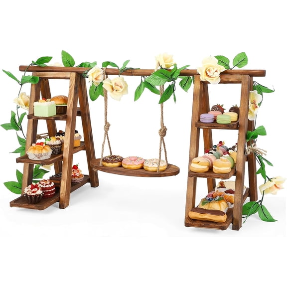 3 Tier Wooden Cupcake Stand with Swing & Flower Decor, Dessert Table Display Set with Removable Trays for Cake Fruit Snack Bread, Rustic Foldable Ladder Stand for Party, Birthday, Wedding & Events