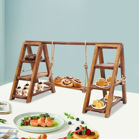 3-Tier Wooden Cupcake Stand with Swing Tray, Solid Wood Cake and Cookie Display Stand for Wedding, Party, Baby Shower, Foldable Rustic Cupcake Stand with 13lb Load Capacity