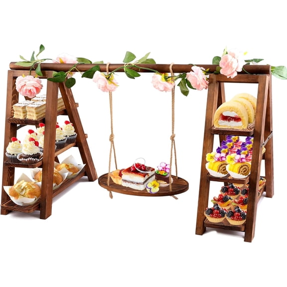 3 Tier Wooden Cupcake Stand with Swing and Flower Decoration, Large Dessert Stands with Serving Tray, Removable Trays, (Dark Brown)