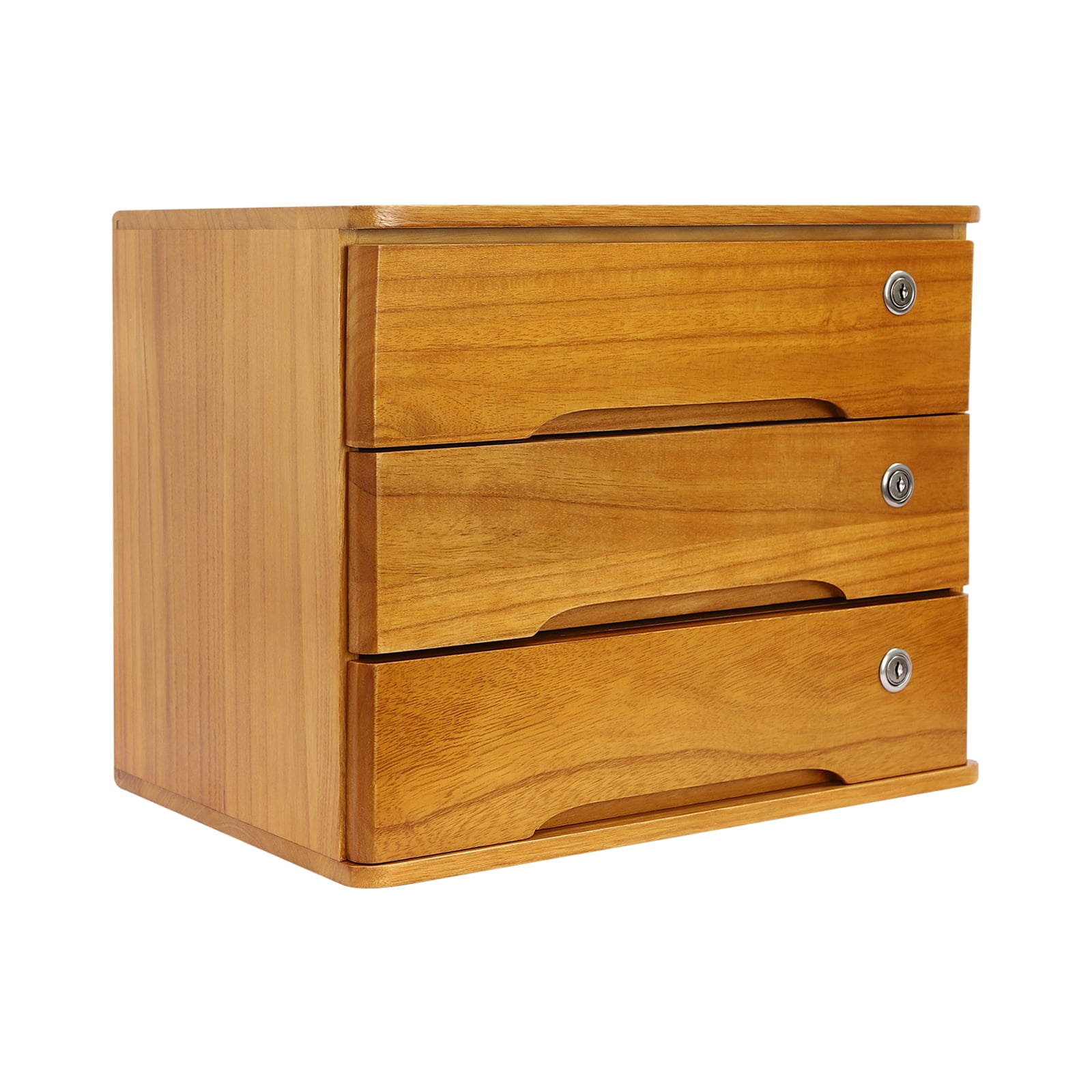 3-Tier Wooden Desk Organizer, Yellow Wood with Locking Drawers, Secure Storage with Smooth Edges and Anti-Slip Pads for Home and Office Use
