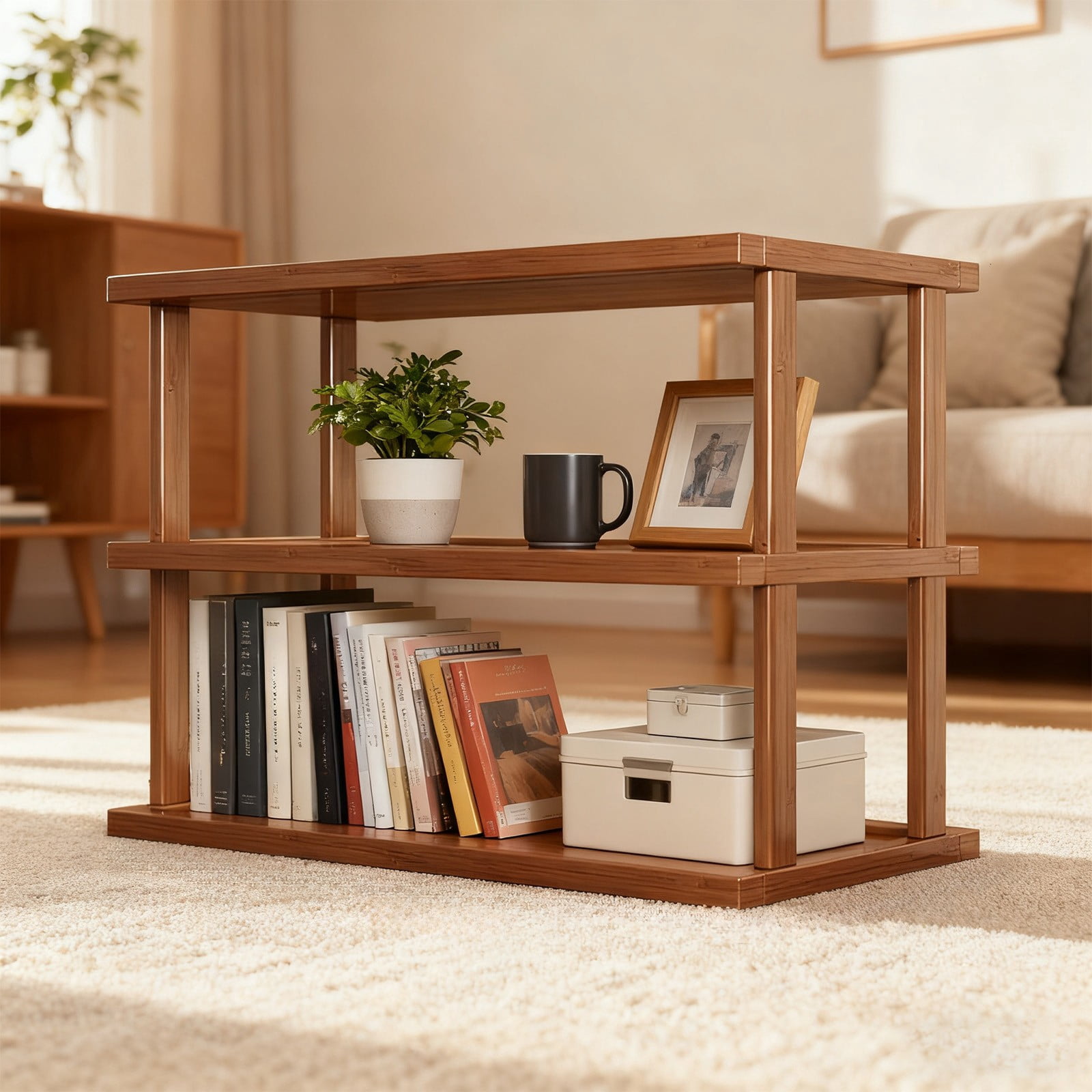 3-Tier Wooden Desktop Storage Rack with Slatted Base, Multi Layer ...