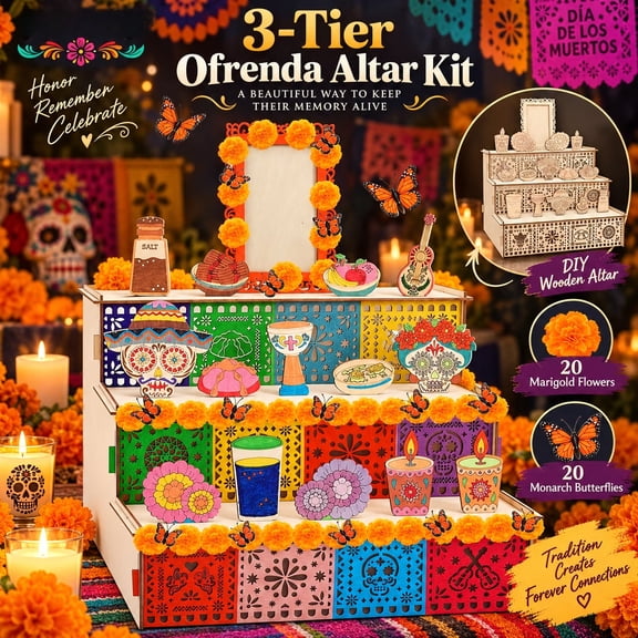 3 Tier Wooden Dia de los Muertos Altar Kit Day of the Dead Ofrenda Display with 20 Marigold Flowers 20 Monarch Butterflies Mexican Memorial Table Decor