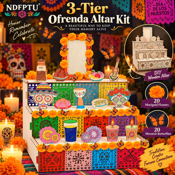3 Tier Wooden Dia de los Muertos Altar Kit Day of the Dead Ofrenda Display with 20 Marigold Flowers 20 Monarch Butterflies Mexican Memorial Table Decor