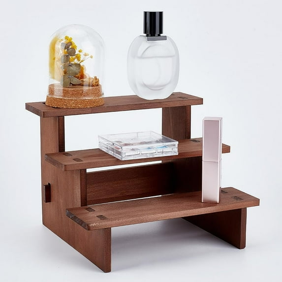 3-Tier Wood Model Toy Display Riser Wooden Tiered Minifigures Rack for Cosmetic Hair Clips Rectangle Camel Finished Product: 20x18x14.2cm