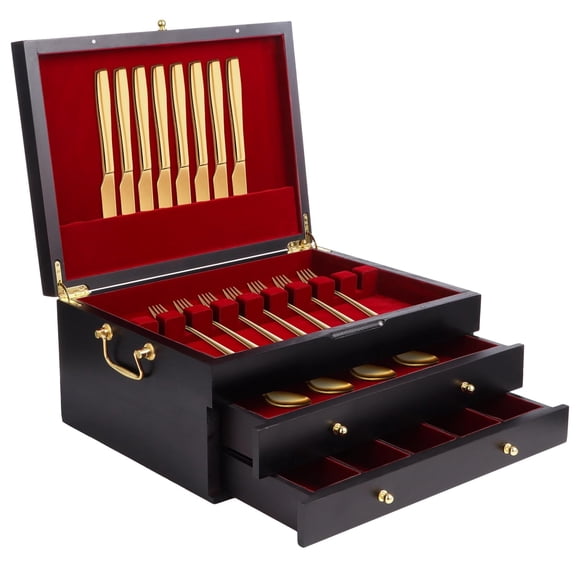 3-Tier Wooden Flatware Chest with Drawers, Red Velvet Lined, Standard