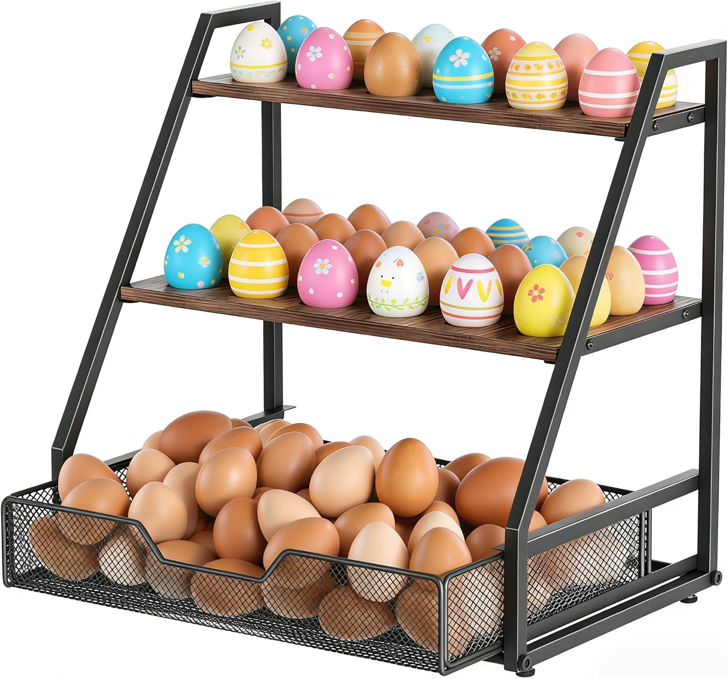 3-Tier Wooden Fresh Egg Holder Countertop With Basket for 36+90 Eggs, Wooden Egg Holder Countertop with Carry Handle for Gathering 150+ Eggs, Duck, and Quail Eggs