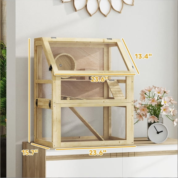 3-Tier Wooden Hamster Cage Large Small Animal Habitat with Deep Burrow Base Acrylic Panels Accessories for Hamsters Gerbils