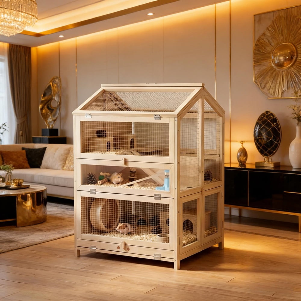 3-Tier Wooden Hamster Cage Small Animal Habitat with Clear PET Panels Slide-Out Tray & Lift-Up Mesh Top for Hamsters Gerbils Mice