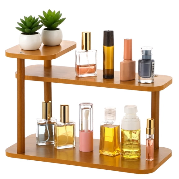 3-Tier Wooden Makeup Organizer, Desktop Perfume Stand, Wooden Storage Rack Shelf, 11.8 in Cosmetic Display Shelf Brown for Bathroom, Bedroom, Dressing Table, Kitchen