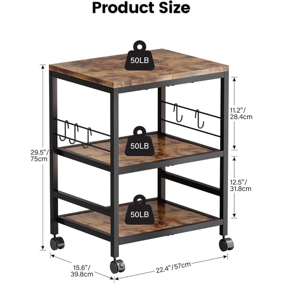 3-Tier Wooden Microwave Cart with Storage, 22.4''W Microwave Stand Coffee Cart Rolling Kitchen Utility Cart with Wheels, 5 Hooks, Rustic Brown and Black