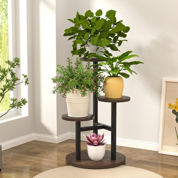 3-Tier Wooden Plant Stand with Iron Frame and Sunlight-Optimized Layout, Indoor Flower Display Rack for Succulents, Space Saving Decorative Planter Holder for Living Room Office