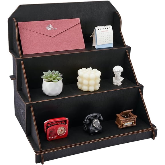 3-Tier Wooden Portable Retail Table Display Stand Riser Display Rack Black Riser Shelves Tabletop Vendor Shelves Rack