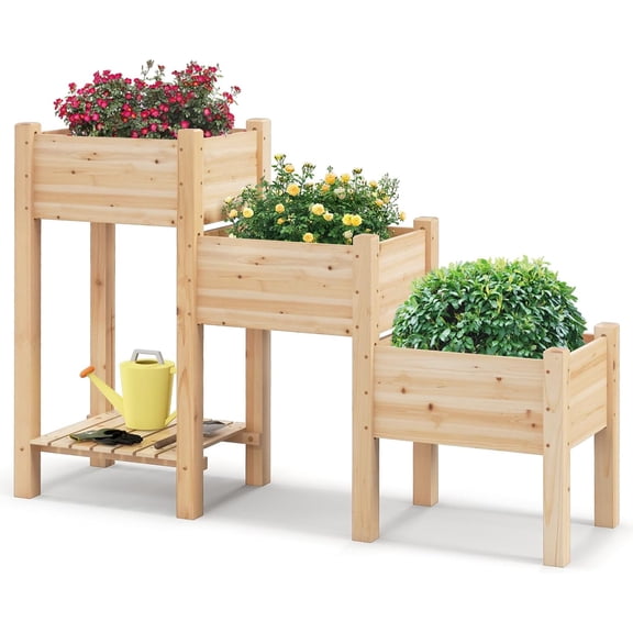 3-Tier Wooden Raised Garden Bed, Elevated Garden Planter with 3 Planter Boxes, Open Storage Shelf, Drainage Holes, Outdoor Vertical Plant Container for Vegetables Flowers Herbs Growing