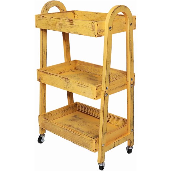 3-Tier Wooden Rolling Cart- Wooden Utility Cart wit Wheels- Utility Rolling Cart-Storage Trolley Organizer- Rolling Kitchen Serving Cart for Office,Kitchen, Kids' Room (Retro Yellow)