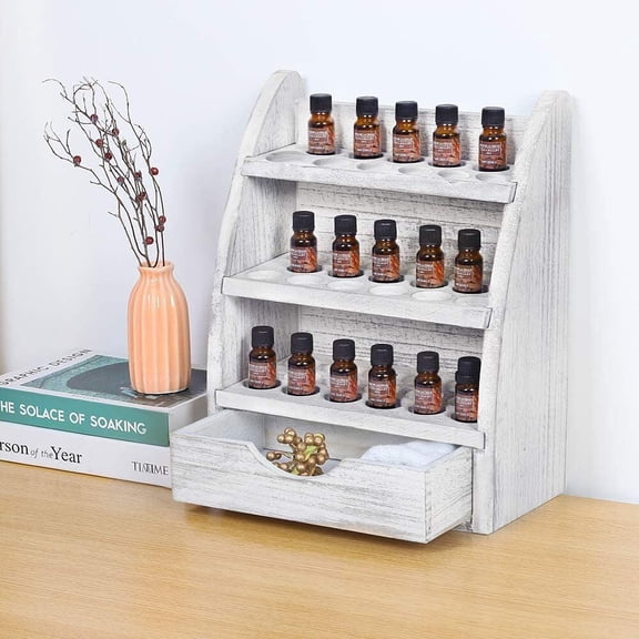 3-Tier Wooden Rustic Essential Oils Nail Polish Storage Rack w/ Drawer, 45 Slots