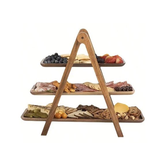 3-Tier Wooden Serving Tray, Acacia Wood Cupcake Stand and Tiered Dessert Server, Rustic Buffet Display Stand for Food, Fruits, and Charcuterie, Kitchen Countertop Organizer