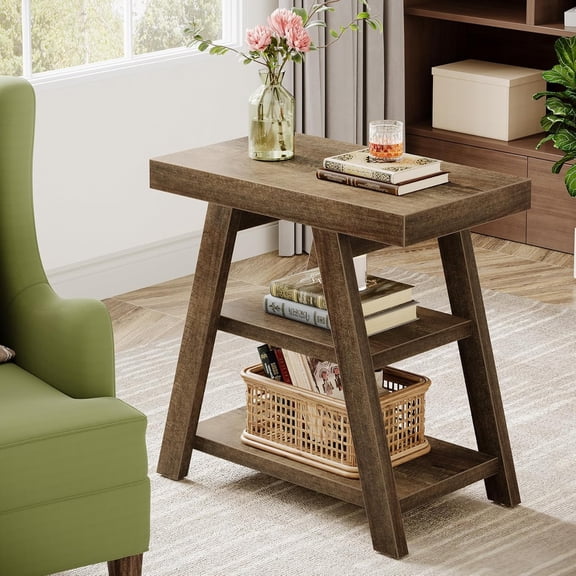 3-Tier Wooden Sofa Side Table with Trapezoid Legs, Rustic Side Table for Couch, Vintage Bedside Nightstand for Bedroom, Living Room, Small Spaces, Distressed Brown