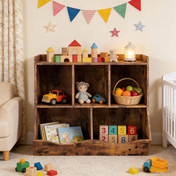 3-Tier Wooden Storage Organizer & Bookshelf - 5-Section Book Rack Daycare Furniture, Cabinet for Nursery, Playroom or Bedroom (36"L x 11.4"W x 31.5"H)