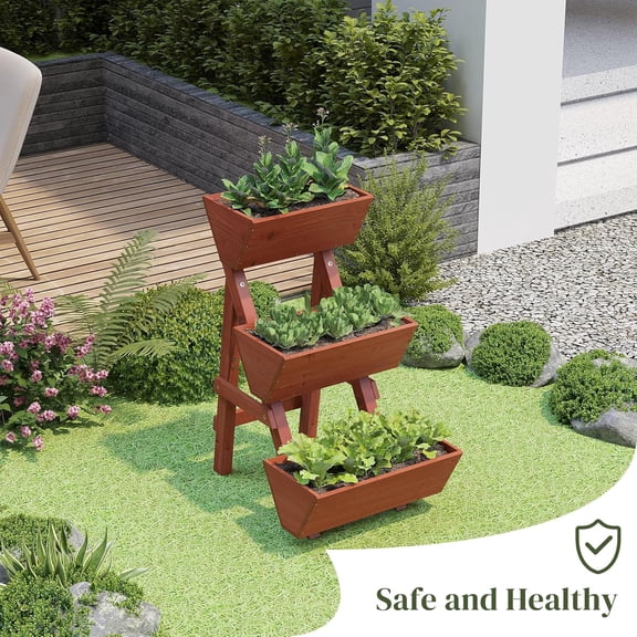 3-Tier Wooden Vertical Raised Garden Bed with Legs, Tiered Planter Box, Garden Planter, Garden Box, Wood Plant Stand Wood Flower Rack for , Balcony, Freestanding. (Brick Red-Small)