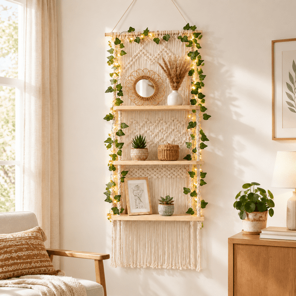 3-Tier Wooden Wall Hanging Organizer with LED String Lights and Cotton Rope