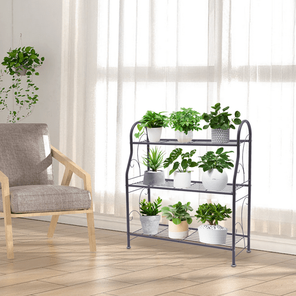 3-Tier Wrought Iron Plant Stand, Ladder Design, Strong Bearing Capacity, Electrostatic Paint Finish for Indoor/Outdoor Flower Display, Dark Gray