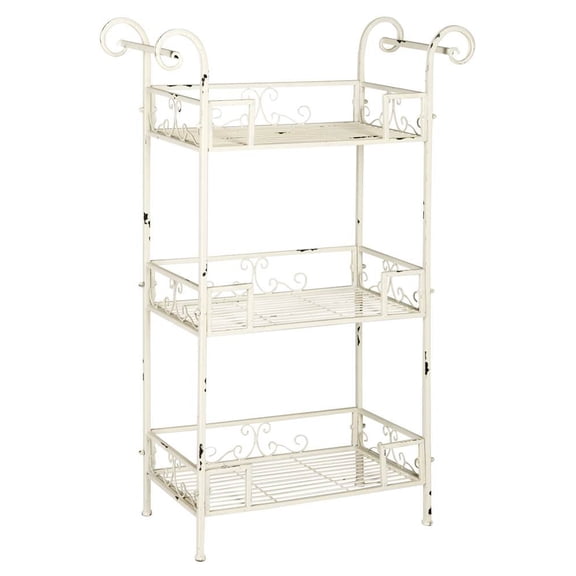 3-Tier Wrought Iron Shelf With Victorian Scroll Design In Antique White Finish