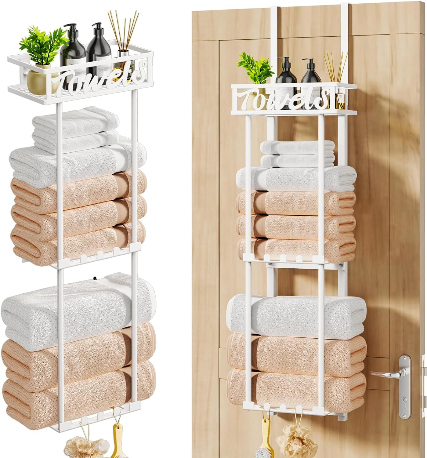 3 Tier over the Door Towel Rack with Metal Shelf Basket and 6 Hooks ...