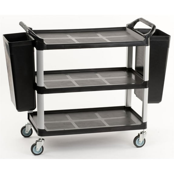 3-Tiered Bus Cart with 2 Rubbish Bin Attachments, 2 Side Handles and Swiveling Wheels, Aluminum & Plastic (Black) - Large (UC3SLG2BN7)