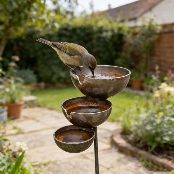 3 Tiered Cascading Rain Catcher Garden Stake, Antique Bronze Metal Water Bowls Bird Bath and Bee Watering Station, Decorative Flower Bed Rainwater Collector for Outdoor Yard Art Decor