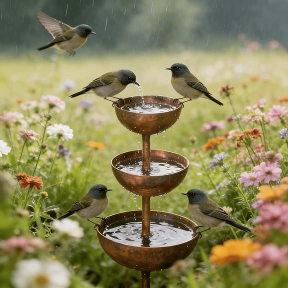 3-Tiered Cascading Rain Catcher Garden Stake, Rust Patina Metal Bird Bath with Water Bowls, 26.7 Inch Outdoor Garden Decor & Plant Support for Yard, Flower Beds & Patio