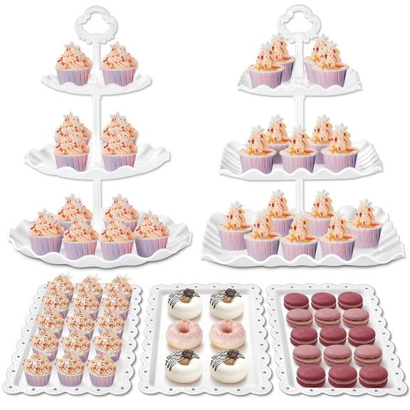 3 Tiered Cupcake & Cookie Serving Tray Set Bright White 5 Set For Wedding Tea Party Birthday Shower