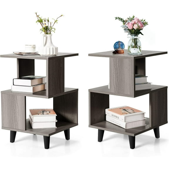 3 Tiered End Table, 2 Set of Small Side Table with Open Storage Shelves & Stand Legs, Girls Bedside Table, 30” Tall Nightstand for Living Room, Kids Room (Dark Grey)