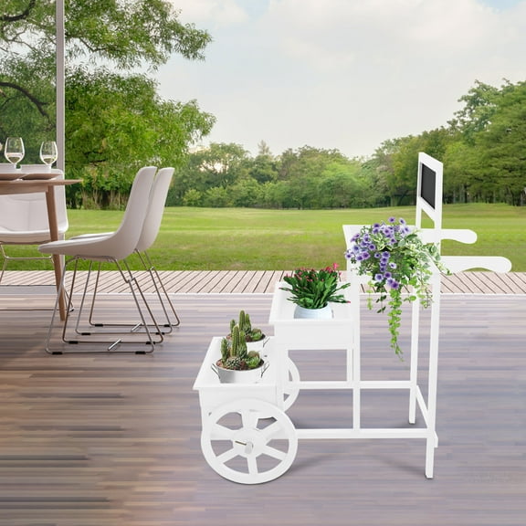 3-Tiered Flower Cart Display Stand w/ Wheels, 39.37x19.69x40.94in Wood Frame, 33.07lbs/Per Tier Load, Blackboard Decor, Great for Gardens/Shops/Indoor Spaces