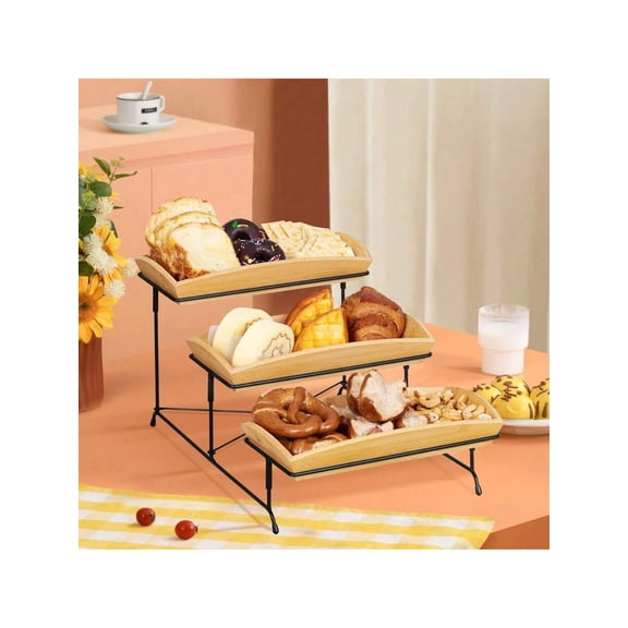 3-Tiered Food Serving Trays & Platters Stand for Cupcake and Dessert - Bamboo Platters Set for Serving Events Presentation Collapsible Sturdier Rack