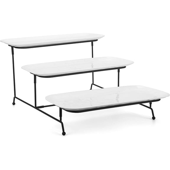 3 Tiered Serving Platter, 3-Piece 14.75" Melamine Tray and Tier Rack, Rectangular Food Display Stand with White Melamine Platters - Serving Trays for Parties
