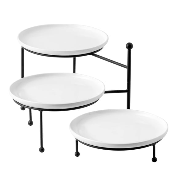 3 Tiered Serving Stand 10 Inch Round Porcelain Trays Black Metal