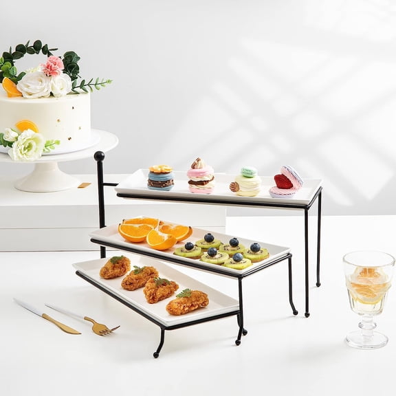 3 Tiered Serving Stand, Foldable Rectangular Food Display Stand with White Porcelain Platters - Serving Trays, Dessert Display Server for Brithday Party, Valentine's Day and Events