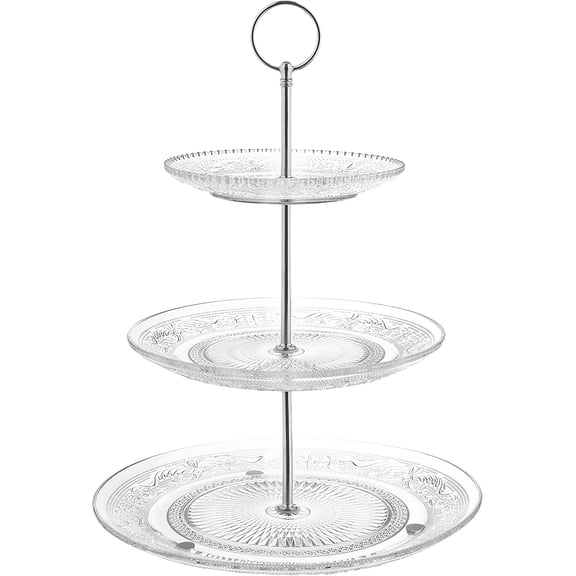 3-Tiered Serving Stand (Glass) Beautiful, Elegant Dishware Serve Snacks, Appetizers, Cakes, Candies Durable, Reusable Party or Holiday Hosting (Silver) (1) (1)