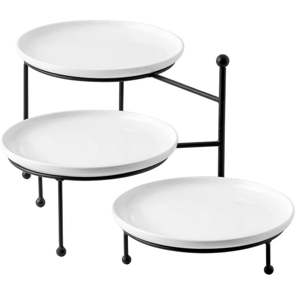 3 Tiered Serving Stand with White Porcelain Plates, 10" Round Tray, Dessert Table Display Set, Black Metal Stand, Versatile & Durable