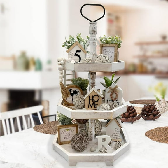 3 Tiered Serving Tray Wooden Farmhouse Decorative Tray, 3 Tier Tray for The Coffee Table, Kitchen Rustic Dinning Tiered Tray, Home Decor Tray, Three Tier Tray Cupcake Stand Display Tray