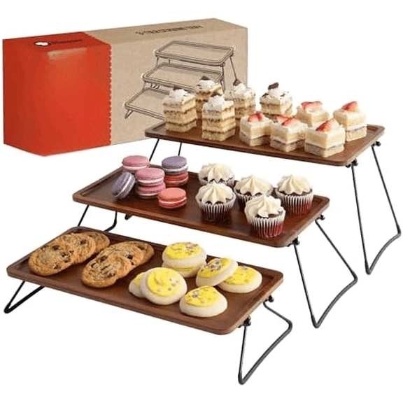 3 Tiered Serving Trays & Platters with Non-Slip Base for Food Display, Cupcake Stand, Elevated Charcuterie Board Cake Stand, Wooden Tiered Dessert Serving Stand for Parties and Events
