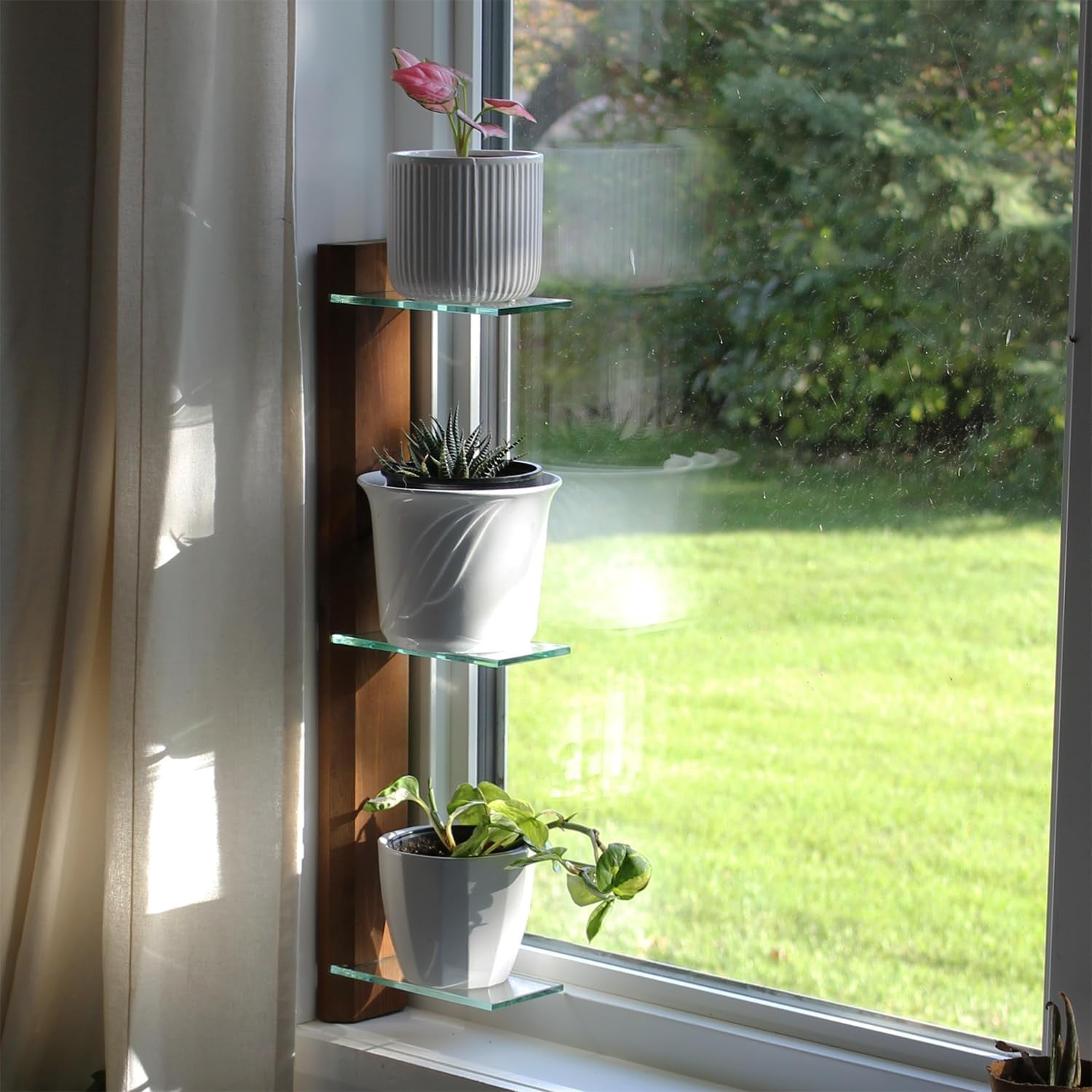 3 Tiered Window Sill Plant Shelf (Real Wood & Glass) | Renter Friendly ...