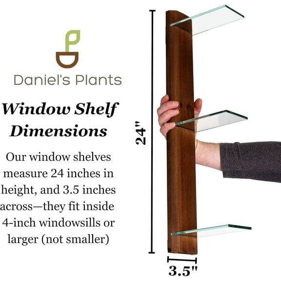 3 Tiered Window Sill Plant Shelf (Real Wood & Glass) | Renter Friendly Window Shelves | Removable Indoor Plant Stand with Hook-and- | Easy Setup | Solid Wood (Woodland Brown)