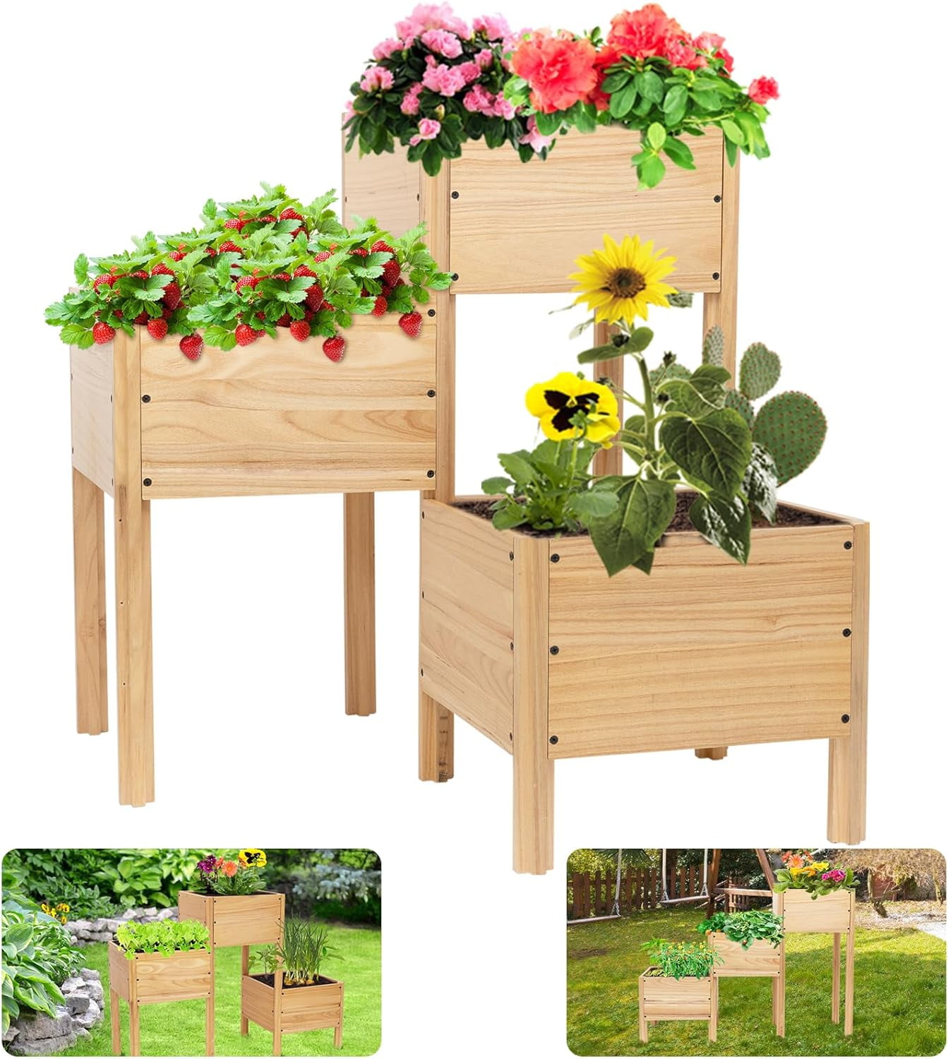 3Tiered Wooden Raised Garden Bed Adjustable Raised Planter Boxes