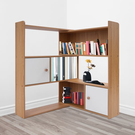 3 Tiers 2 Cabinets Retro Bookshelf, Stretchable Bookcase, Modern Bookshelf Density Boards(Log Color)
