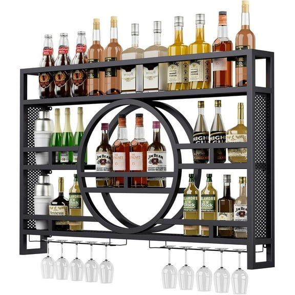 3-Tiers 39in Wine Rack Wall Mounted, Floating Bar Shelves with Wine Glass Holder Hanging  Liquor Shelf, Wall-Mounted Wine Racks Cabinets for Home Bar No Assembly Required