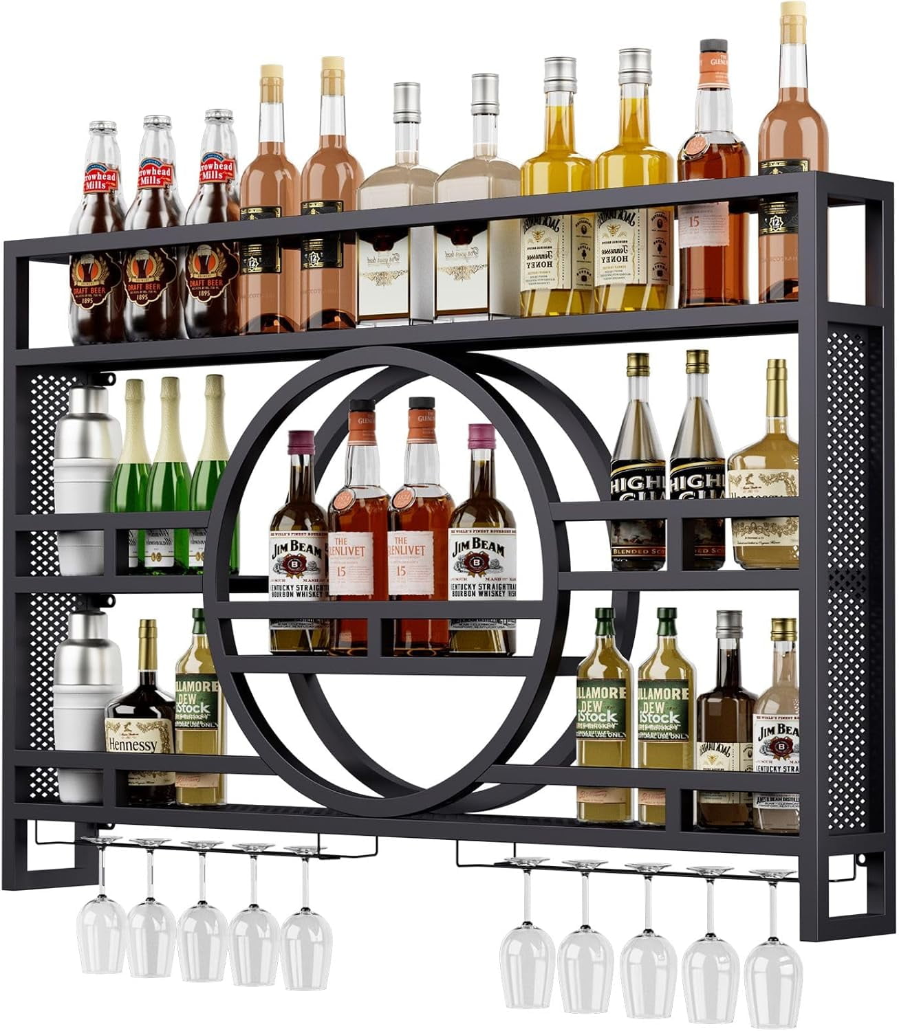 3-Tiers 39in Wine Rack Wall Mounted, Metal Floating Bar Shelves with Wine Glass Holder Hanging Industrial Liquor Shelf for Home Bar Kitchen, No Assembly Required