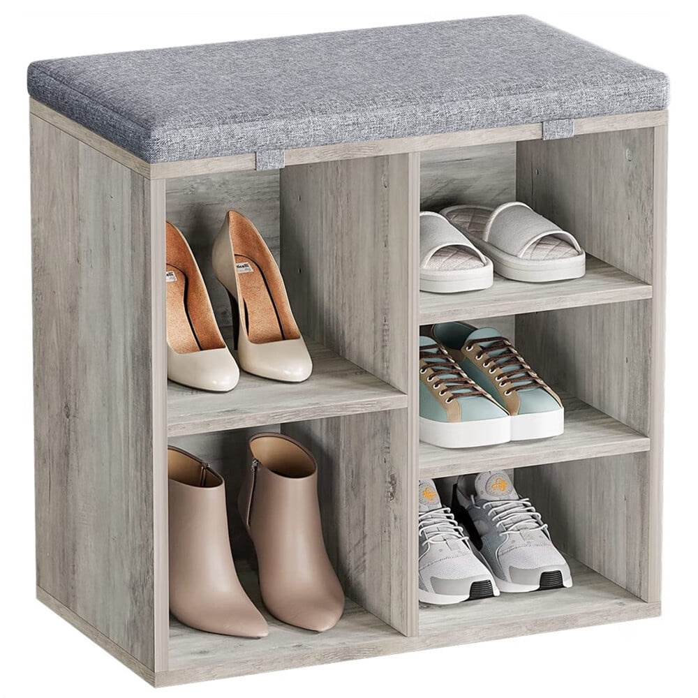 3 Tiers 5 Cube Wood Shoe Bench with Foam Padded Seat Cushion & Side Pocket Shoe Rack