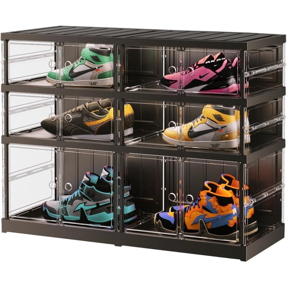 3 Tiers 6-12 Pairs Foldable Shoe Rack for Closet Plastic Stackable Shoe Boxes for Garage Collapsible Shoes Shelf with Doors Storage Organizer Cabinet Quick Assembly,Black